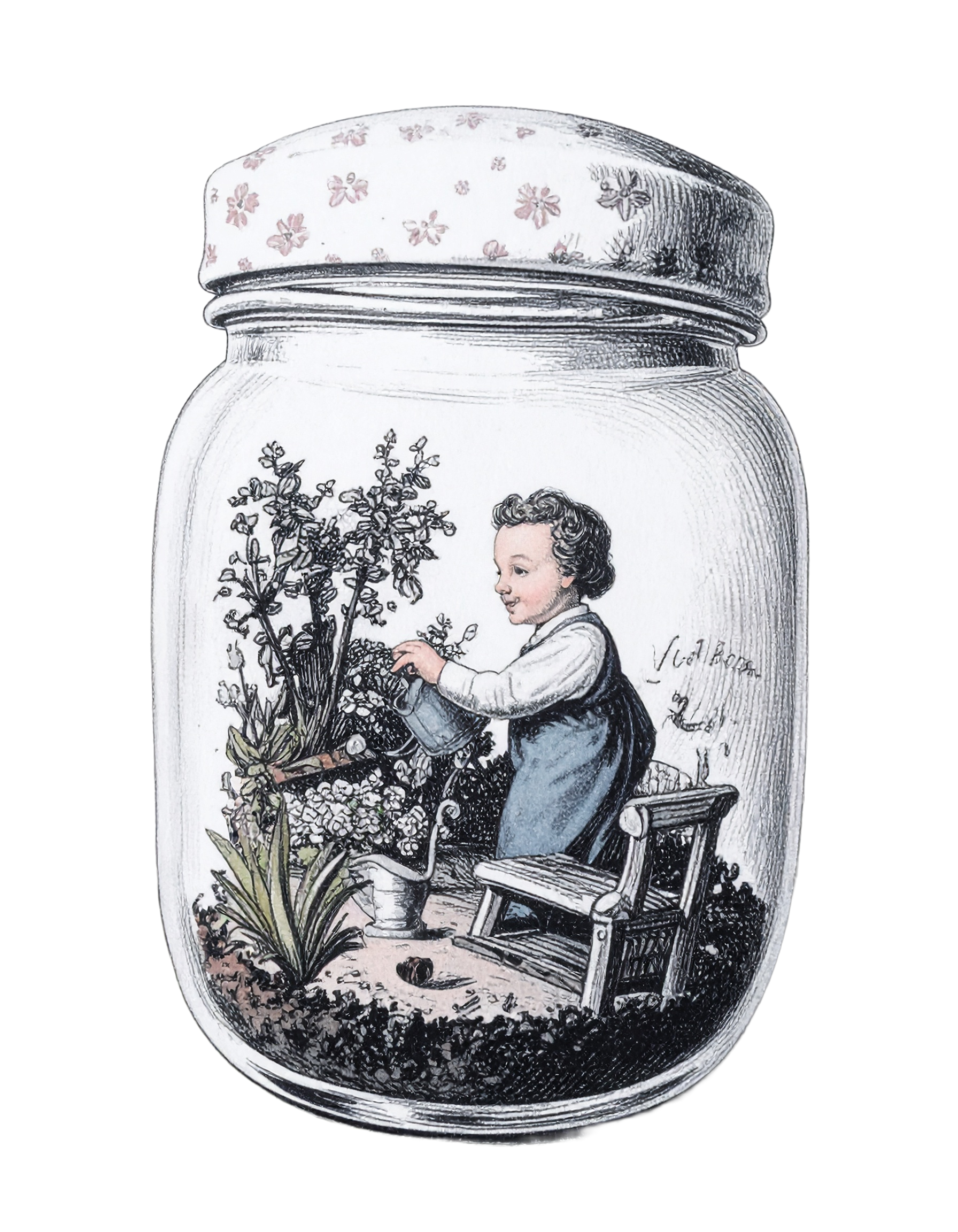Illustration of a child gardening inside a glass jar